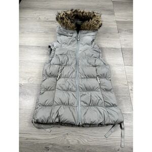 Eddie Bauer Vest Womens S Gray Goose Down 550 Puffy Full Zip Faux Fur Hood